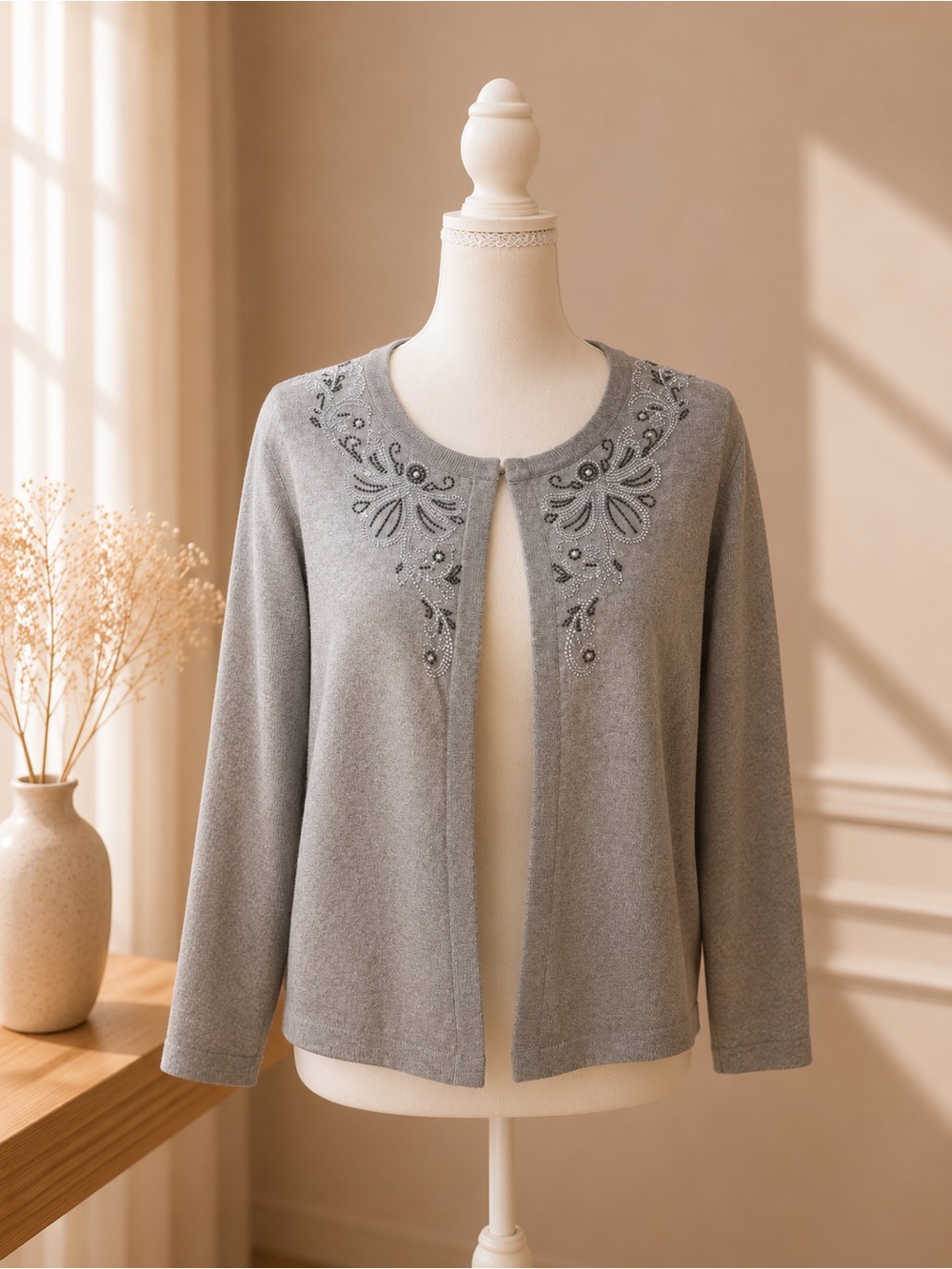Gray Embellished Open-Front Women's Cardigan